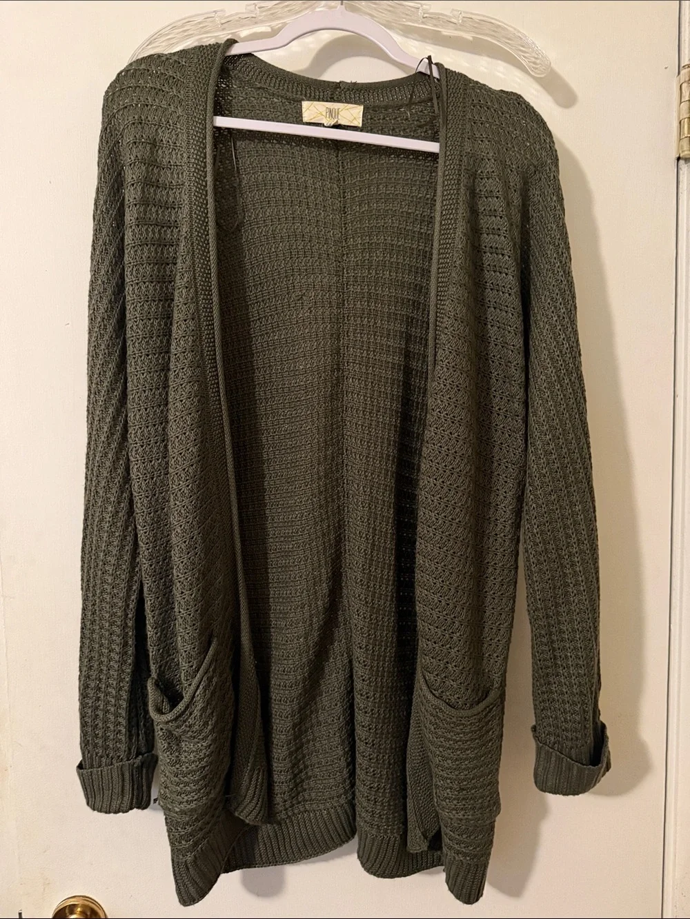 Open-Front Waffle Knit Cardigan Sweater - Olive Green - Picture 1 of 4